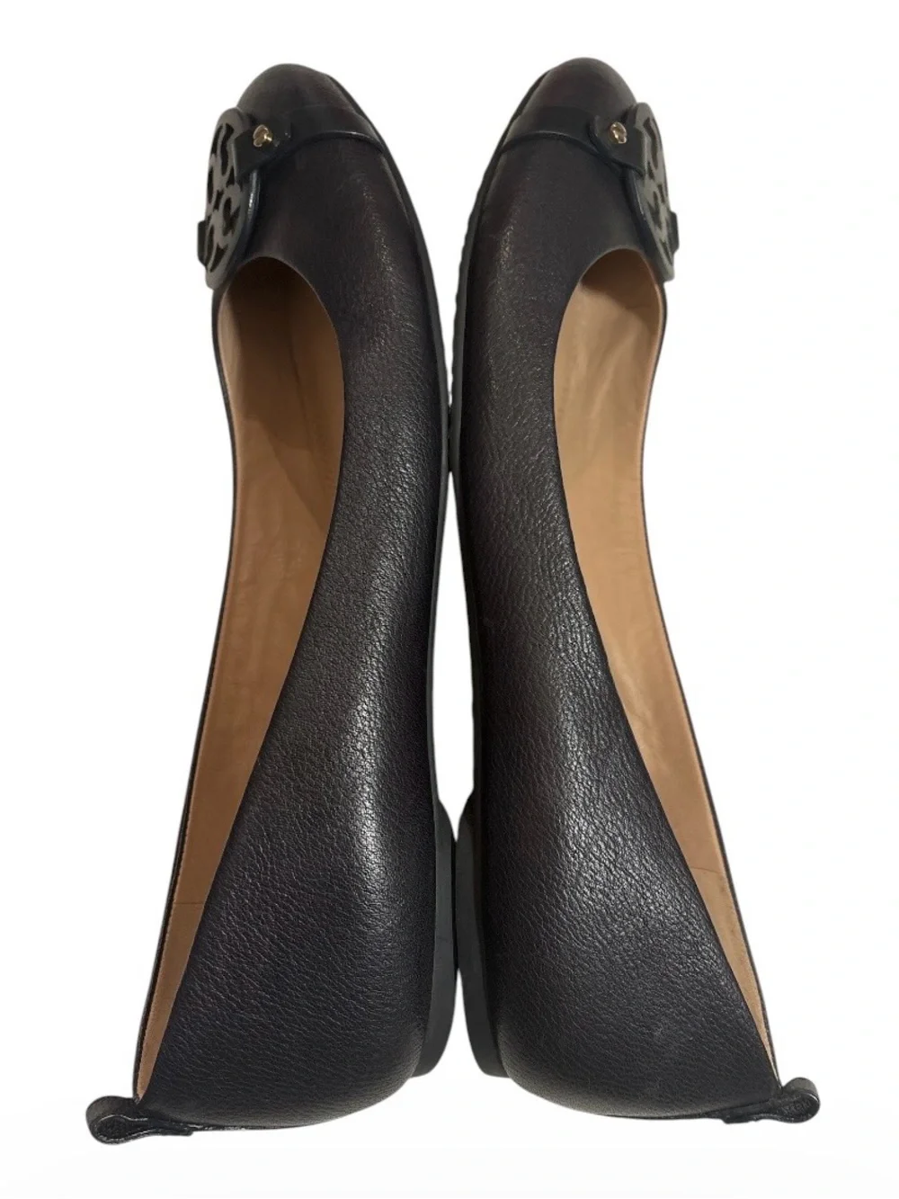 Tory Burch Navy Blue Leather Logo Round-Toe Ballet Flats